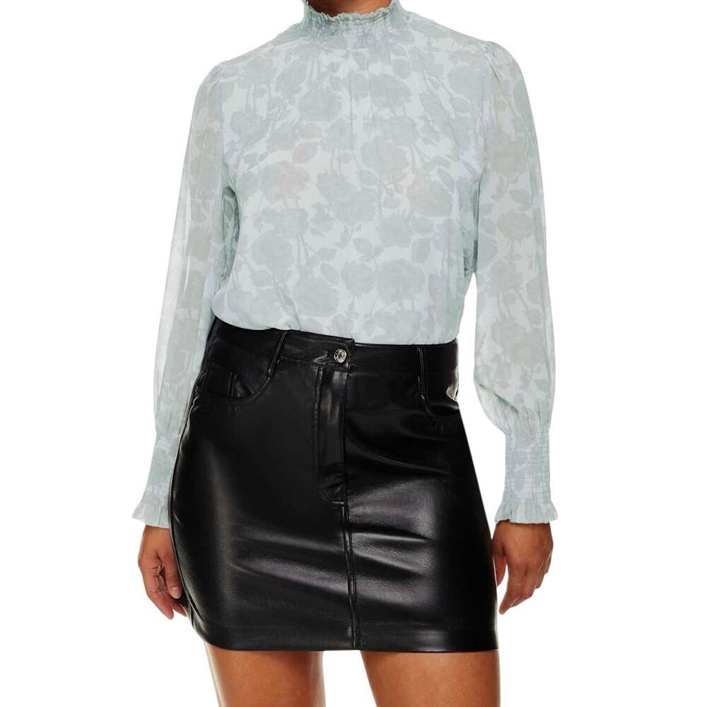 Aritzia Wilfred Valencia Blouse Frozen Gray Floral Sheer Mock Neck XS